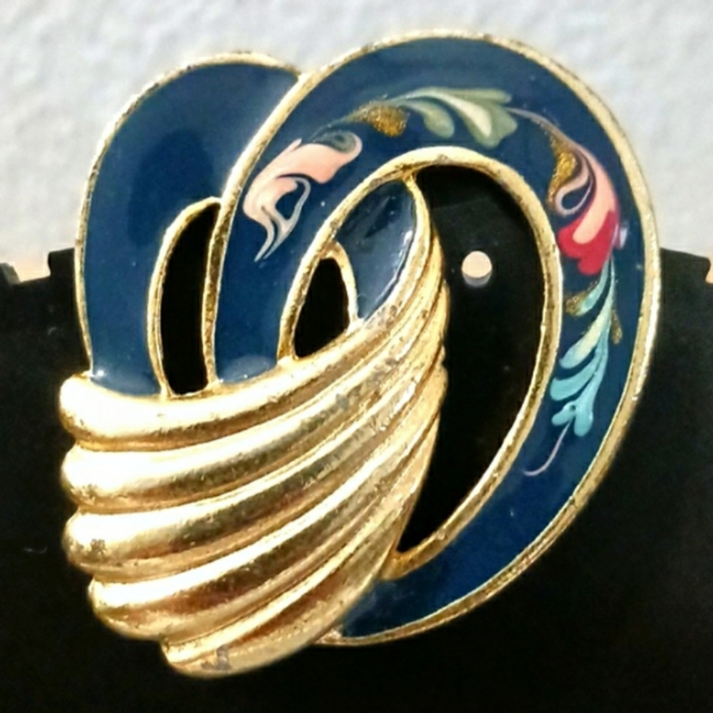 Vintage Enameled Goldtone and Teal with Floral Design Pin/Brooch